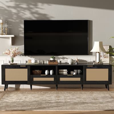 Versatile Rattan TV Stand with Solid Wood Legs for Large TVs and Ample Storage