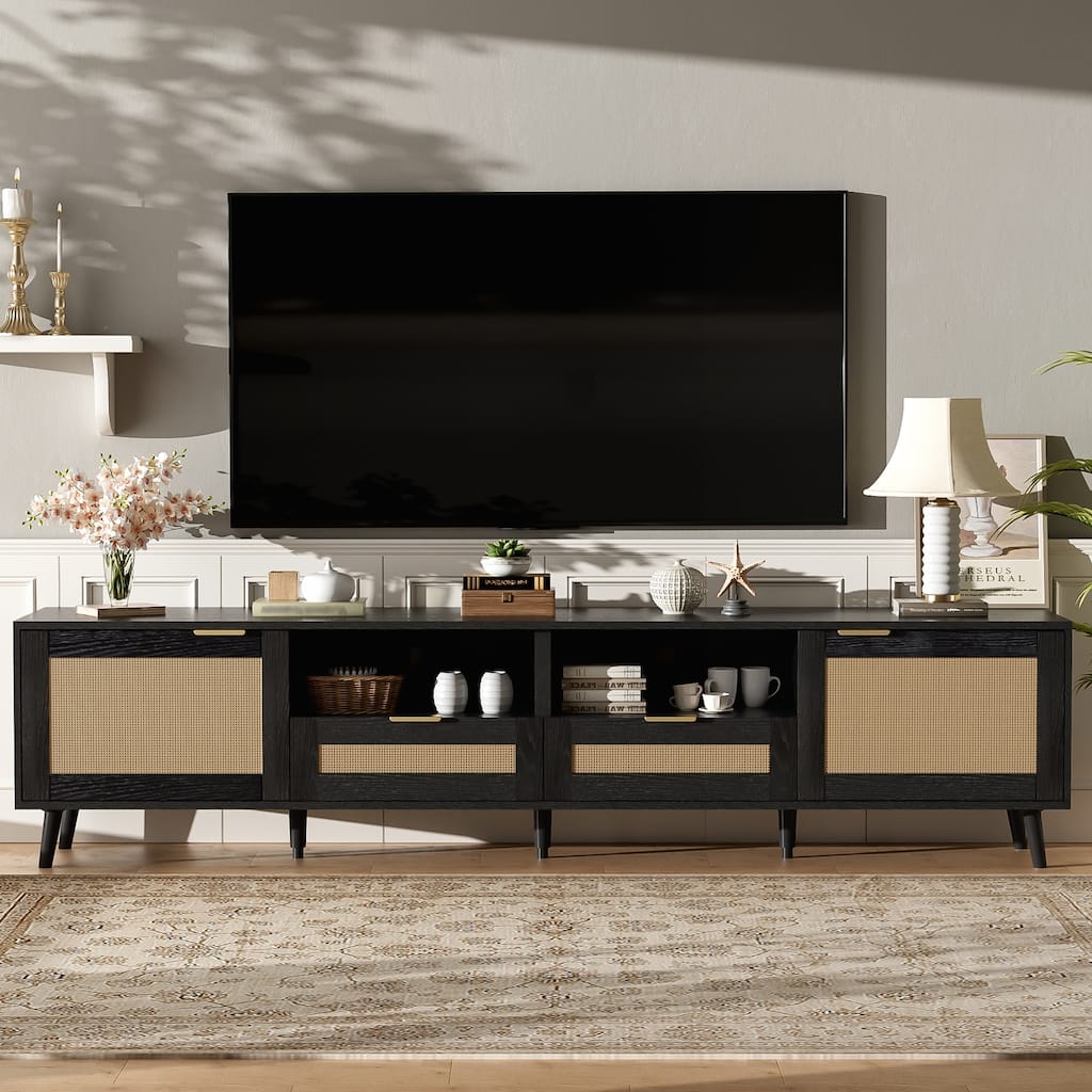 Versatile Rattan TV Stand with Solid Wood Legs for Large TVs and Ample Storage