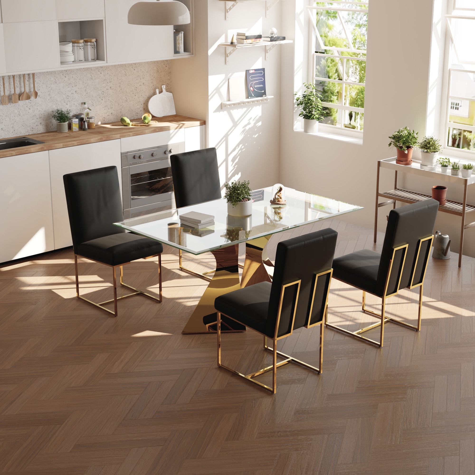 Luxury Gold Dining Table Set with 63 inch Glass Dining Table and White Leather Dining Chairs