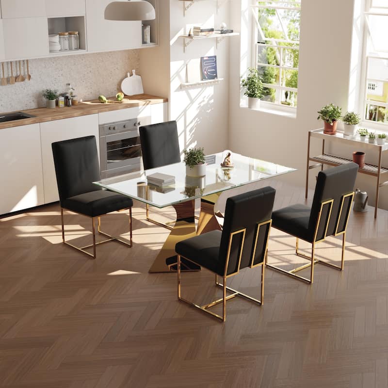 Luxury Gold Dining Table Set with 63 inch Glass Dining Table and White Leather Dining Chairs - Table with 4 Chairs - Black