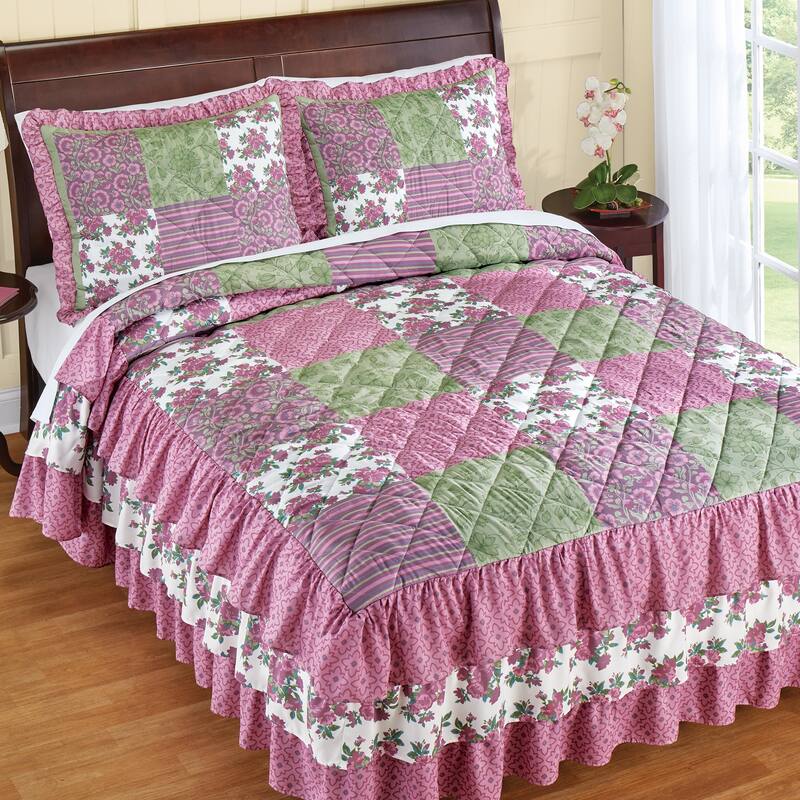 Spring Patchwork-Style Tiered Ruffled Quilted Bedspread - Queen