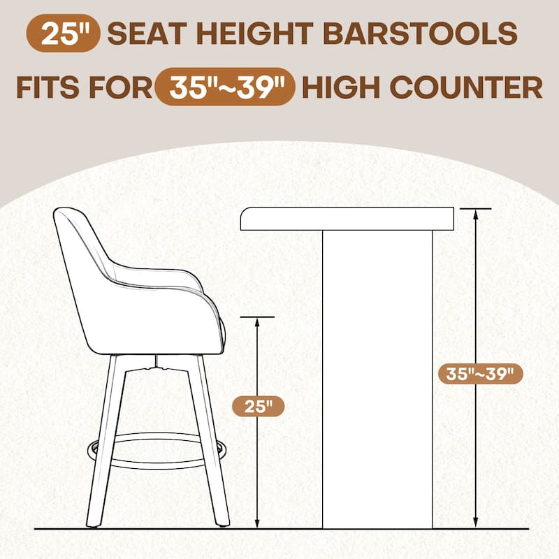 25 Inch Upholstered Swivel Counter Height Bar Stool with Armrests, Solid Wood Legs - 23.6"W x 22.4"D x 40.2"H