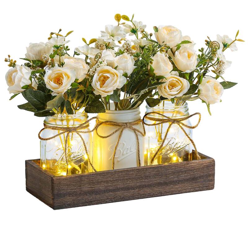3 Pack Mason Jar Centerpiece with LED Lights & Wooden Tray, Farmhouse Floral Centerpieces for Dining Table, Coffee Table