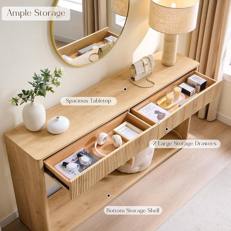 63" Modern Fluted 2 Drawers Entryway Table, Console Table, Sofa Table