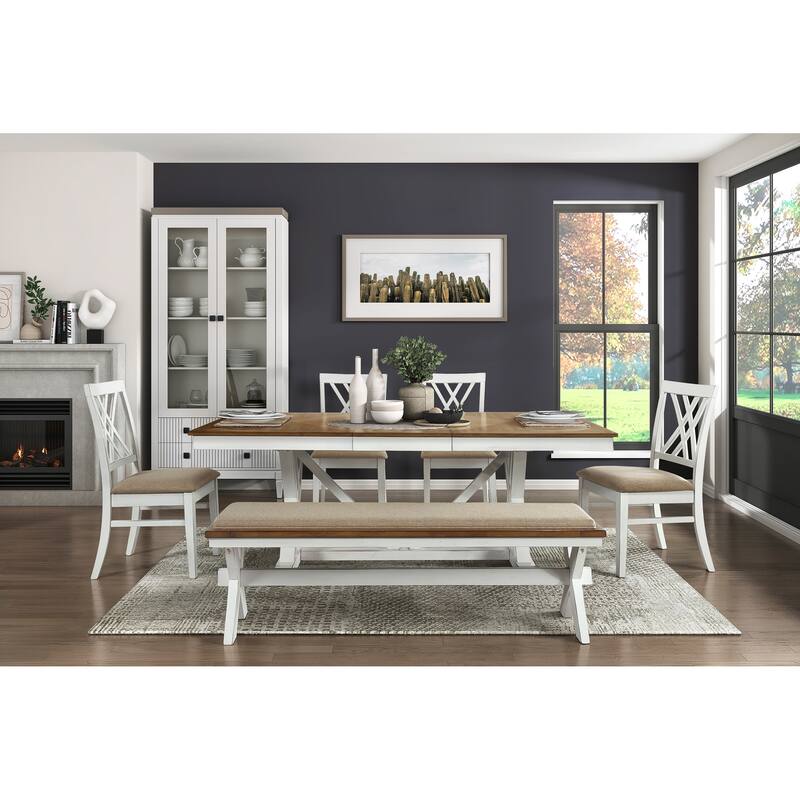 Modern Style White and Oak Finish 1pc Bench Fabric Upholstered Seat Charming Traditional Dining Wooden Furniture