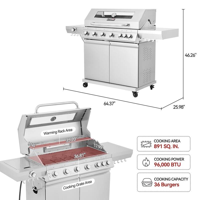 Royal Gourmet, 6-Burner Gas Grill with Side & Infrared Rear Burners - N/A