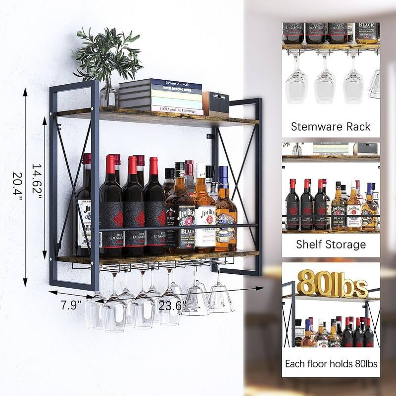 Wine Rack Wall Mounted 2 Tier Shelf - 23.6"D x 7.9"W x 20.4"H
