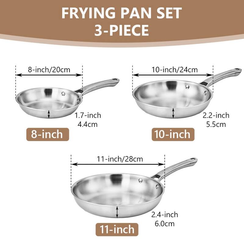 Tri-Ply Skillets Set Stainless Steel Chef's Pan Cookware Set