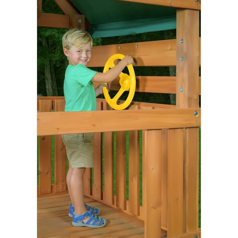 Mountain View Swing Set with Tarp Roof, Climbing Wall, Monkey Bars