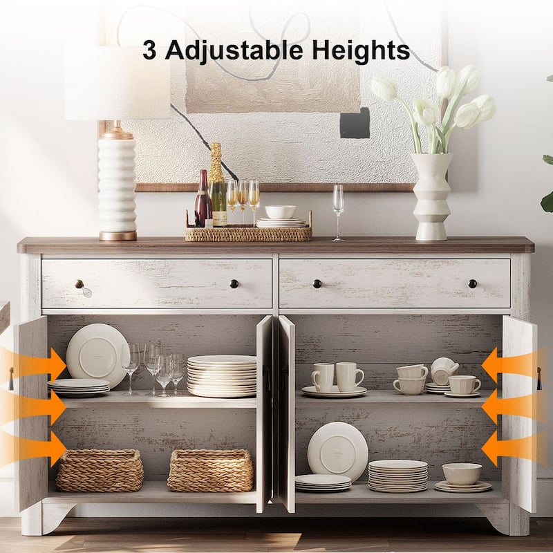 WAMPAT Farmhouse 3PCS Bedroom Set, 59" W Large Sideboard Buffet Cabinet,and Wood Nightstands Set of 2 with Charging Station