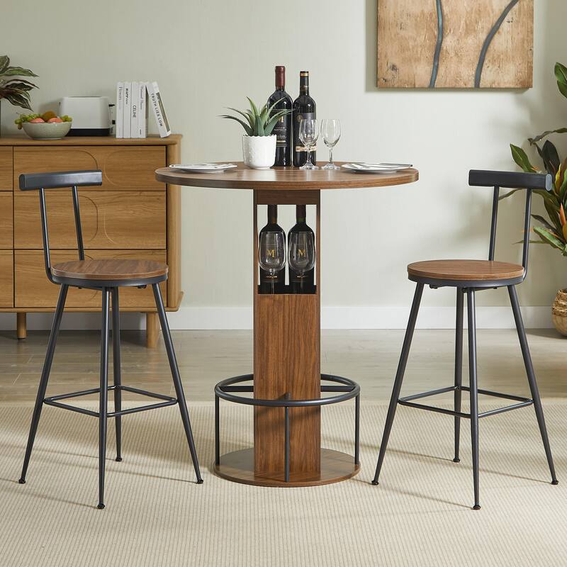 3-Piece Bar Table and Stool Set 31.5-inch round bar table with two stools Compact wooden dining bar with metal ring footrest
