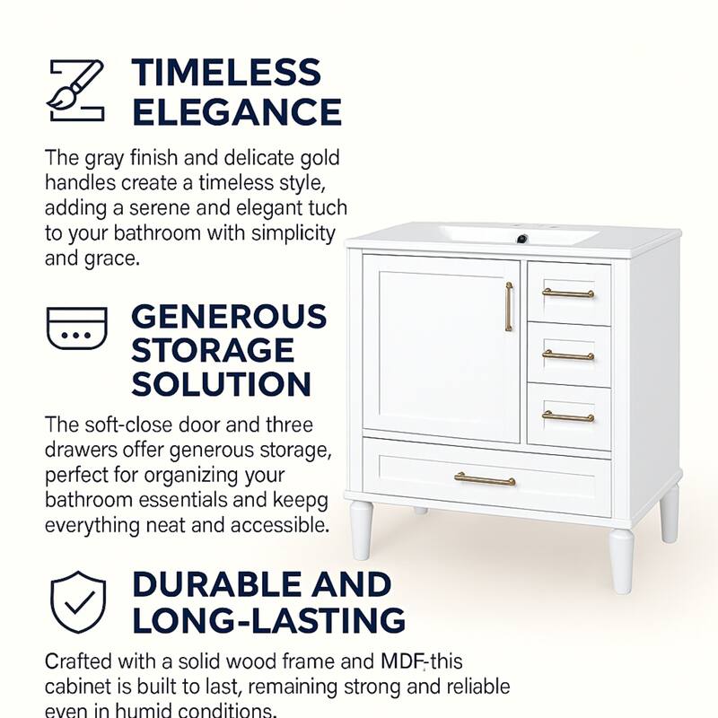 30" Ceramic Sink Bathroom Vanity with Gold Handles, Soft-Close Storage & Space-Saving Design