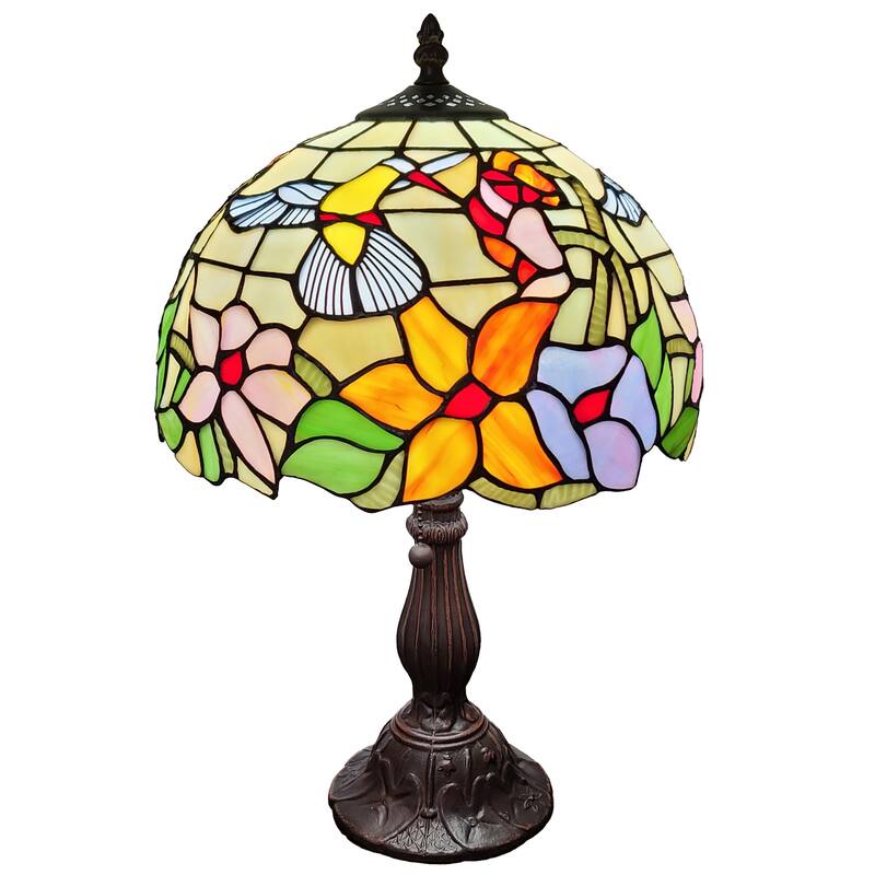 Tiffany Style Table Lamp 19" Tall Stained Glass Floral Hummingbird Decor Bedroom Office Handmade AM1112TL12B Amora Lighting