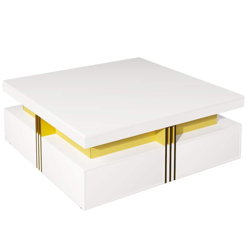 43.3" Modern Square Coffee Table with 4 Hidden Drawers, Glossy Living Room Table with Gold Accents, Space-Saving Storage Table