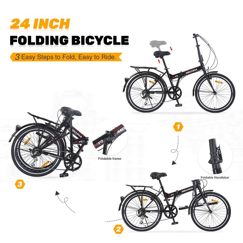 24" Folding City Bike, Shimano 7 Speed Road Cycling Bicycle with Dual V-Brake, Steel Frame for Teens, 16 Years and Up