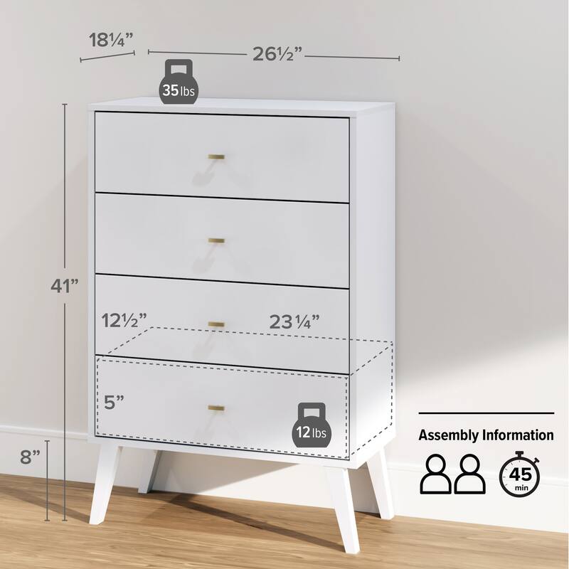 Prepac Milo Mid-Century Modern 4 Drawer Chest of Drawers, Contemporary Bedroom Furniture, Small Dresser for Bedroom