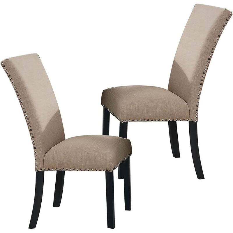 Beige Linen Like Fabric Contemporary 2pc Dining Side Chairs Nalihead Trim Black Solid wood Legs Dining Room Chairs