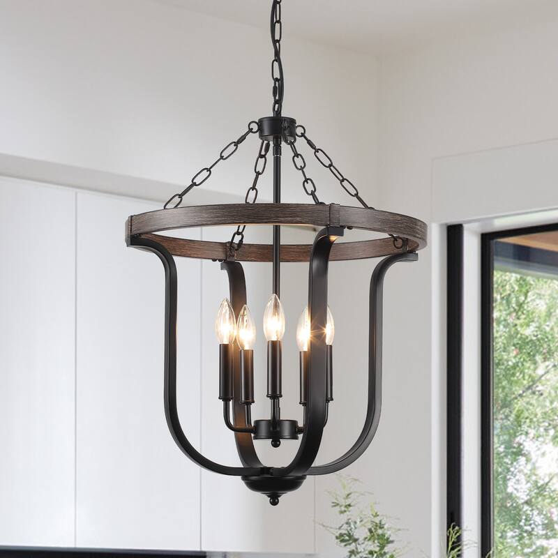 18.89-inch Elegant Farmhouse 5-Light Metal Pendant Light with Adjustable Height - Black and Brown