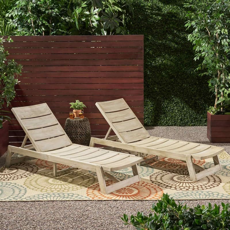Set of 2 Outdoor Acacia Wood Adjustable Backrest Chaise Lounge Chairs