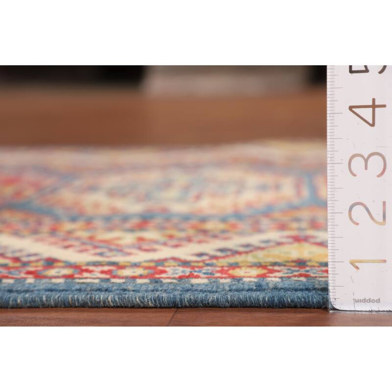 Blue Geometric Kazak Foyer Rug Hand-Knotted Traditional Wool Carpet - 2'10" x 4'1"