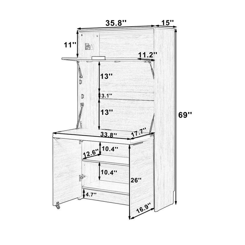 Compact Kitchen Pantry Cabinet with Hutch, Foldable Workstation, Power Outlet, 69 Inch Buffet Storage