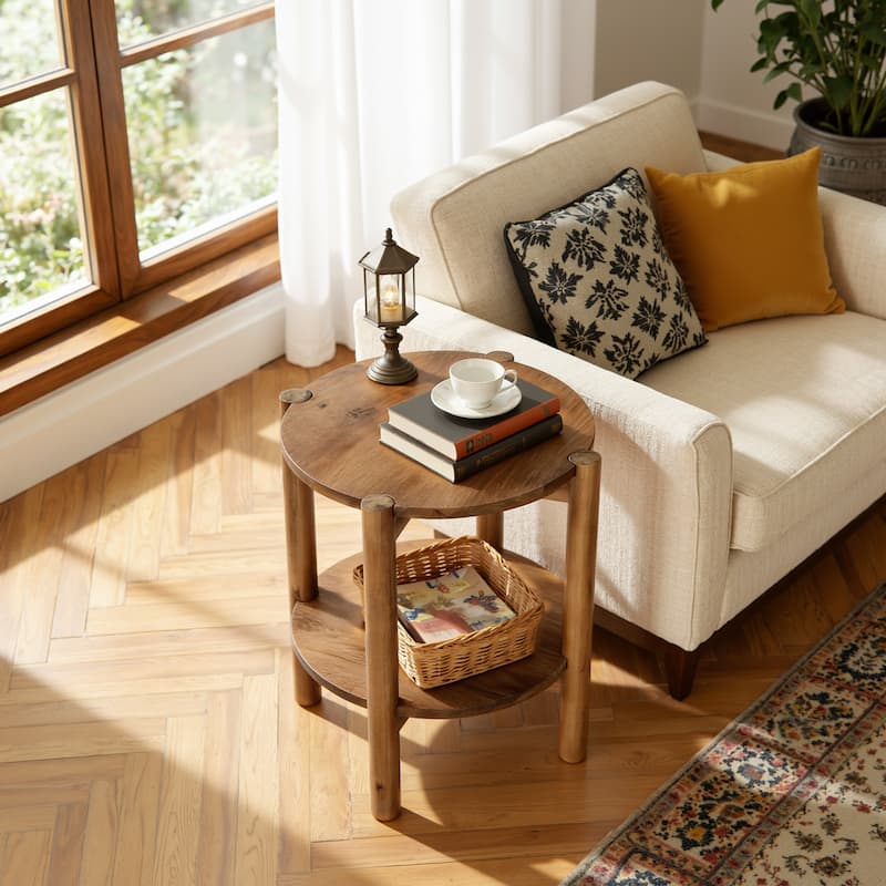Solid Wood Round End Tables for Living Room, Farmhouse 2-tier Side Table - 19.69" D x 19.69" W x 23.62" H