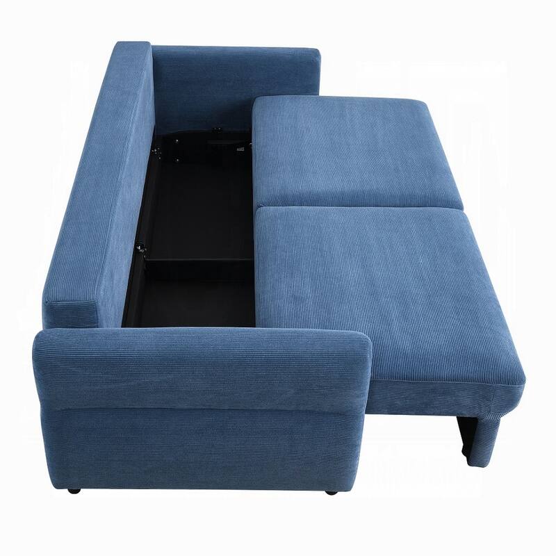 Sofa with Queen Size Pull Out Sleeper, 92 Inch Wood Frame, Blue Fabric