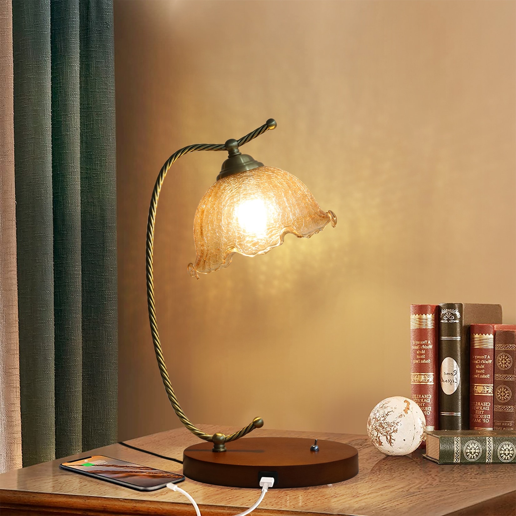 Vintage Flower Glass Table Lamp with Wooden Base USB Charging Port 6.6x20.2 inch