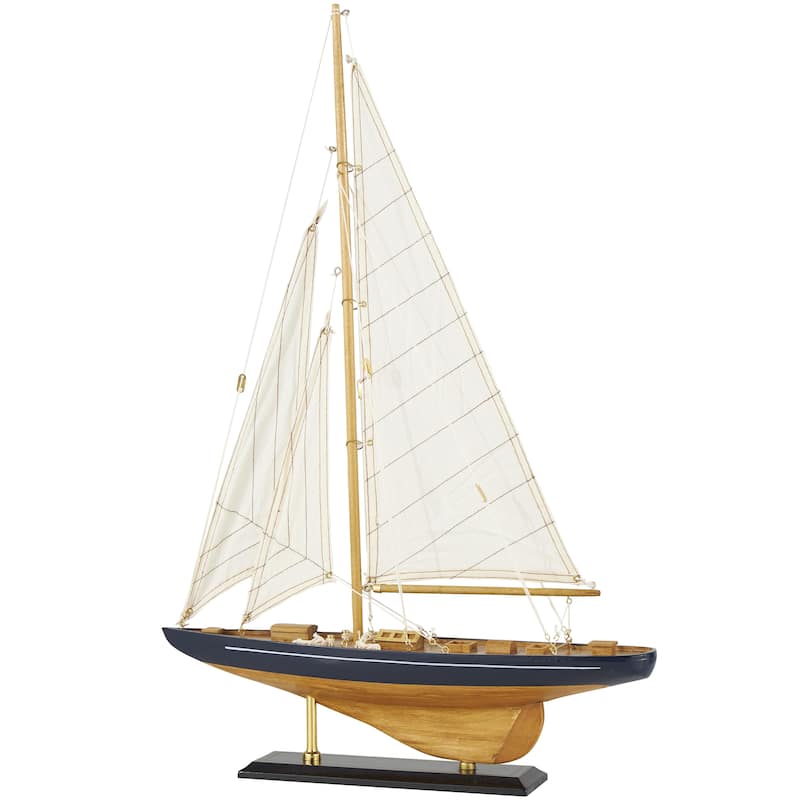 Wood Sail Boat Decorative Sculpture with Beige and Navy Accents and Lifelike Rigging - Brown - Roche River Decor - Brown