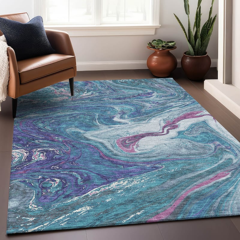 Machine Washable Indoor/ Outdoor Abstract Brushstroke Chantille Rug - Teal - 3' x 5'