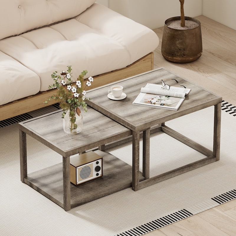 Gymax Nesting Coffee Table Set of 2 Stackable Rectangular End Tables