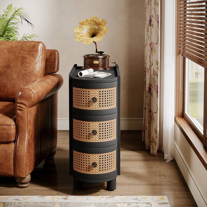 3-Drawer Solid Wood End Side Table Rattan Nightstand Bedside Table