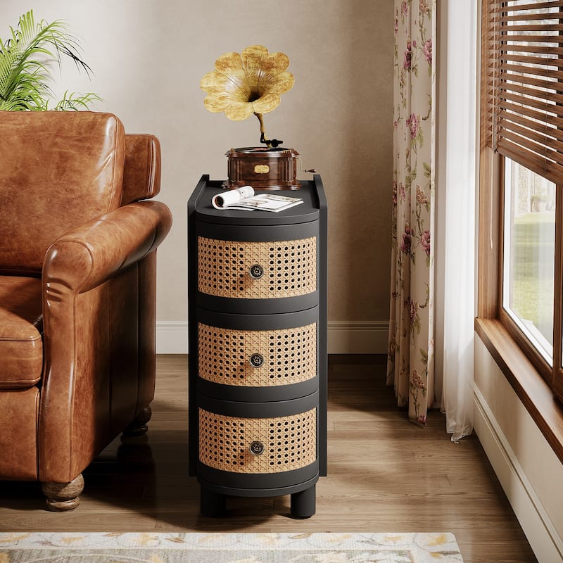 Solid Wood End Table, 3-Drawer Rattan Side Table, Night Stand with Exquisite Embossed Handles