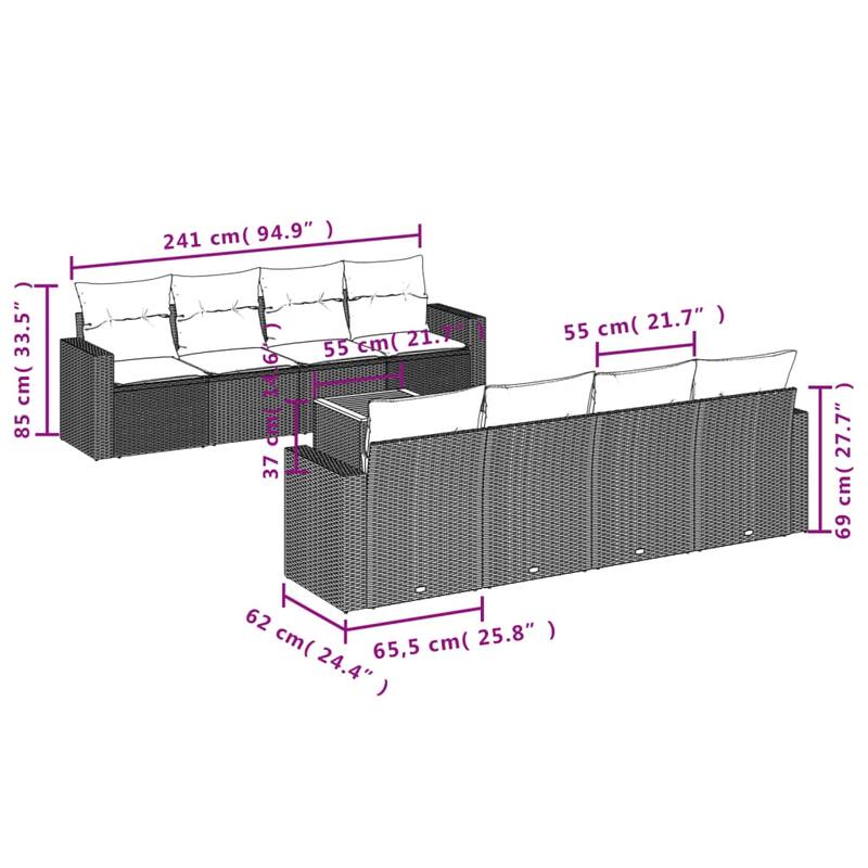 vidaXL Patio Sofa Set with Cushions Outdoor Furniture 9 Piece Poly Rattan - 25.8 x 24.4 x 27.2