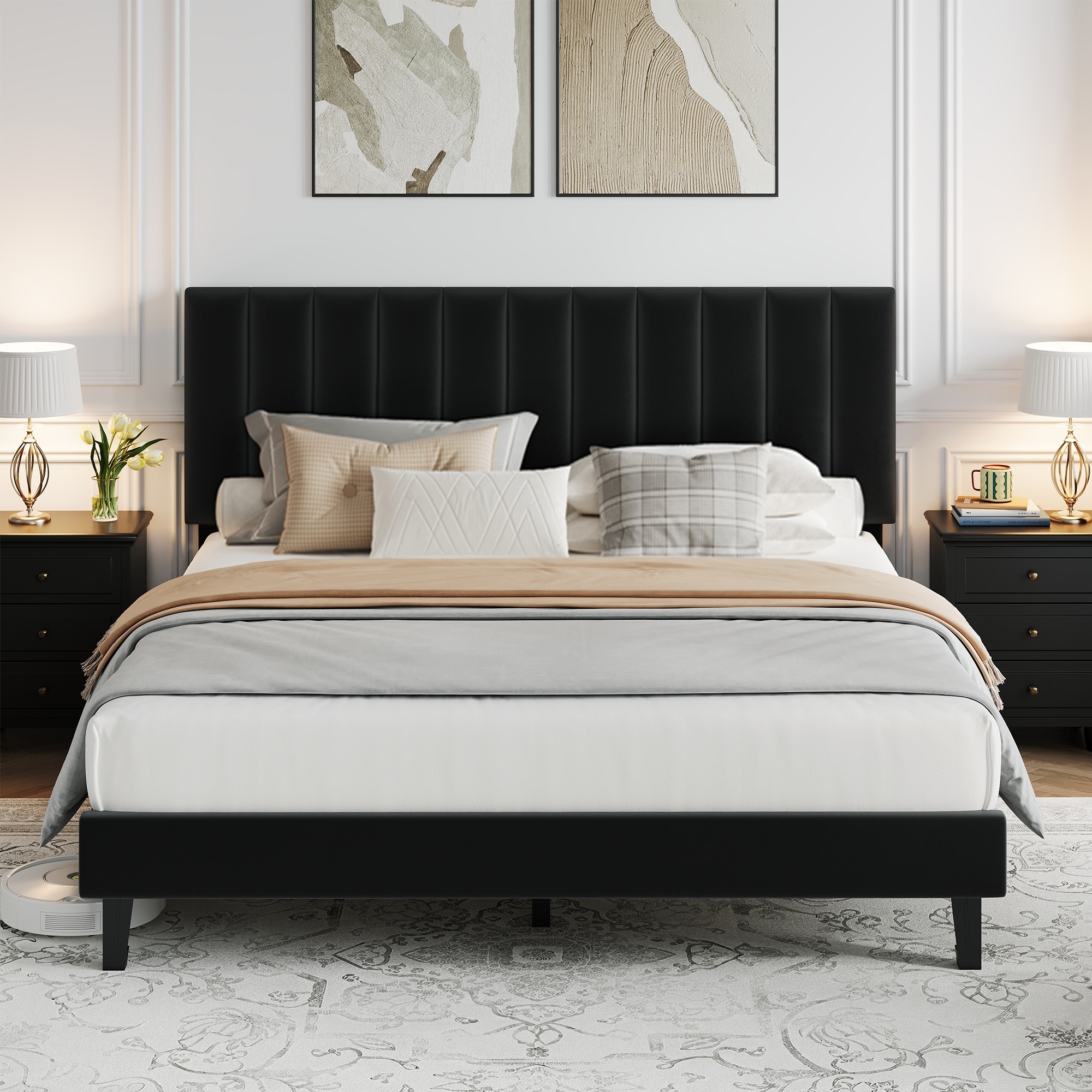Bed Frame with Adjustable Velvet Upholstered Headboard, Vertical Channel Tufted Platform Bed Frame