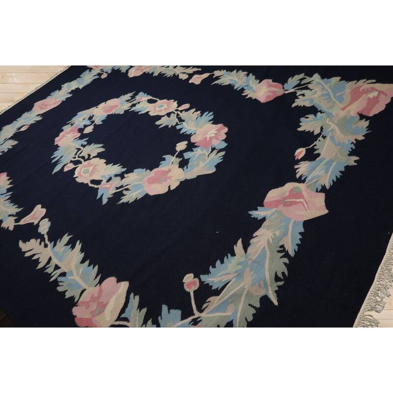 8'9''x12 Hand Woven Wool Navy Kilim Traditional Area Rug - 8' 9'' x 12'