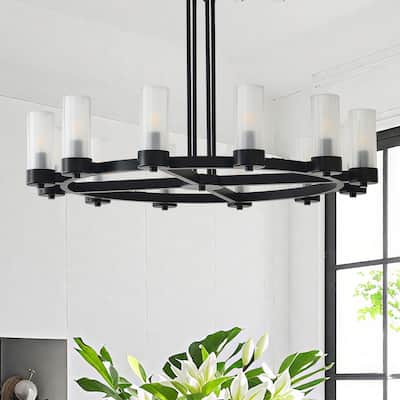 12 - Light Modern Round Chandelier with Frosted Glass Cylinder Shades