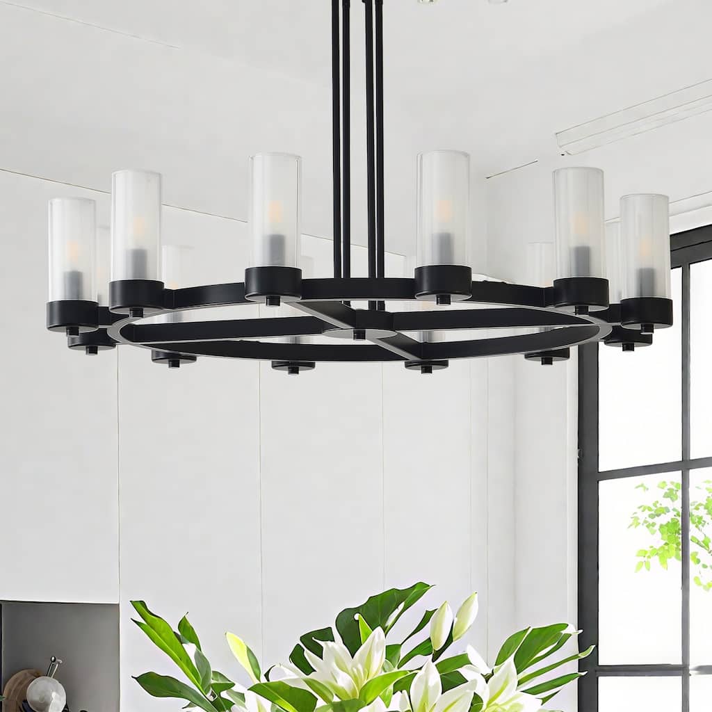 12 - Light Modern Round Chandelier with Frosted Glass Cylinder Shades