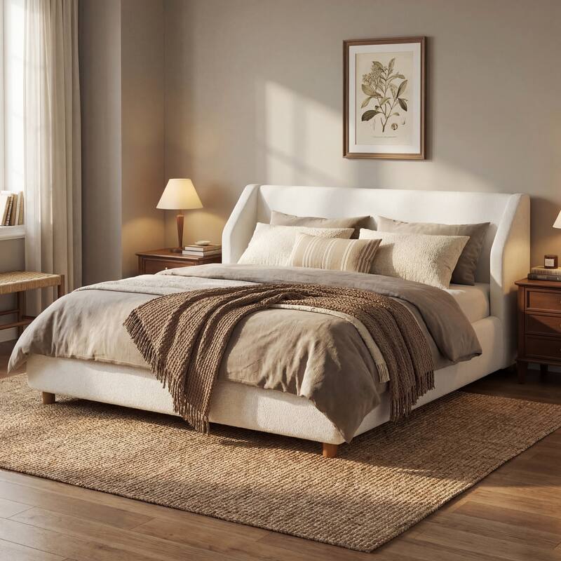 Christopher Knight Home - Arvilla Modern Boucle Upholstered Low Profile Platform Bed with Wingback Headboard & Wooden Slats