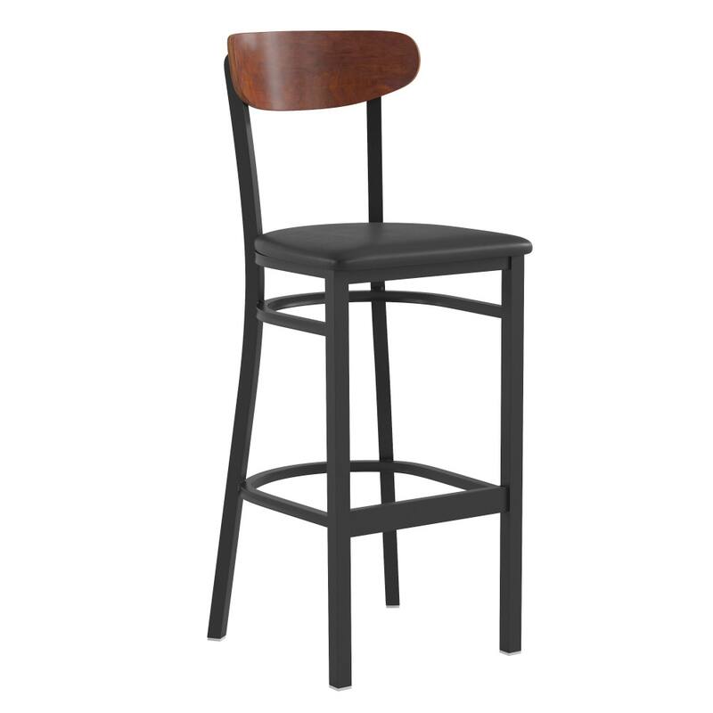 Commercial Metal Barstool with Wood Seat and Boomerang Back - Walnut Wood Back/Black Vinyl Seat