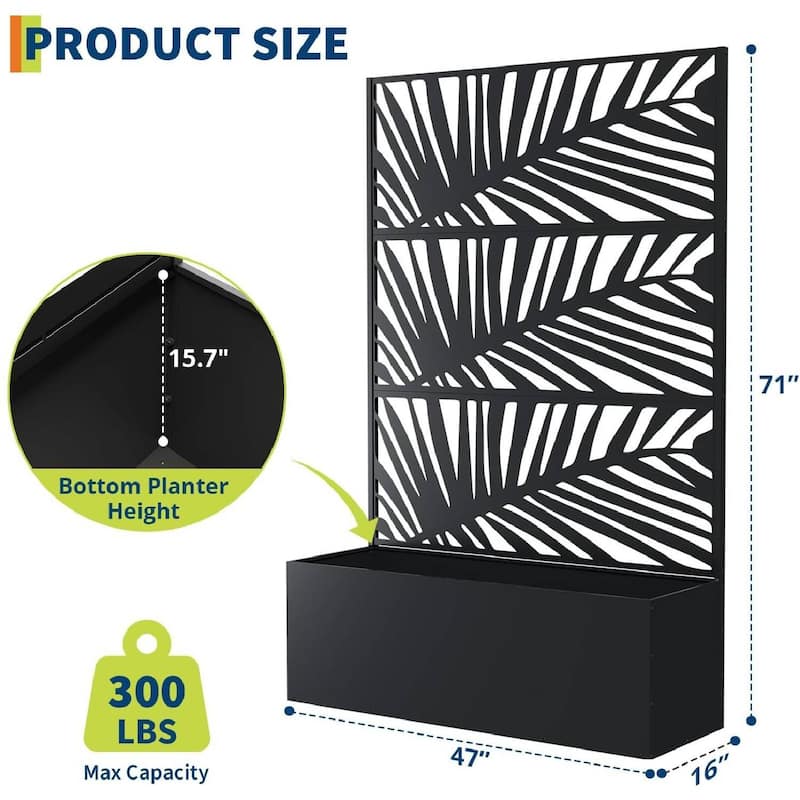 Metal Privacy Screen Planter Box, Raised Garden Bed for Climbing Plants, Veggies, Palm Leaf Style