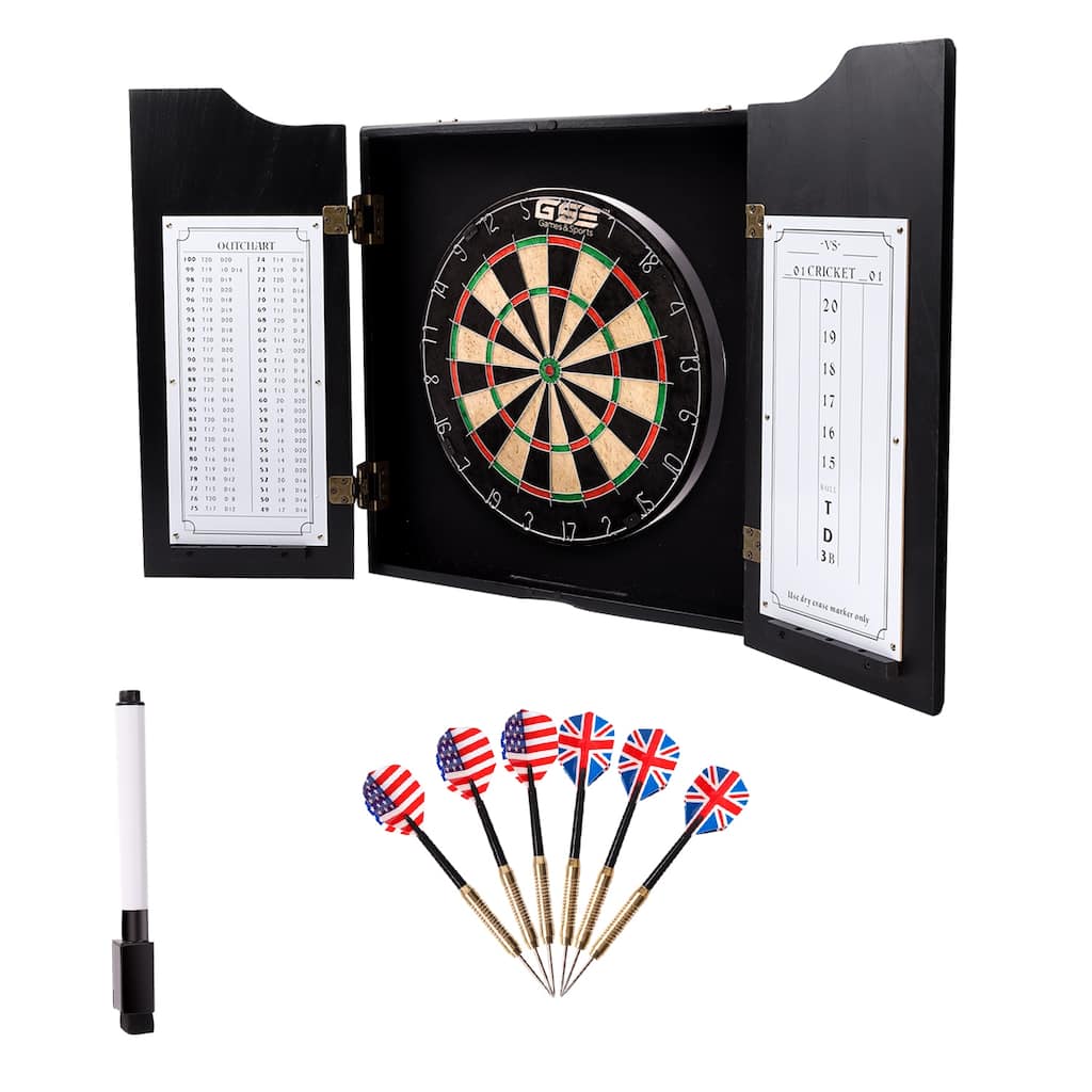 GSE™ Solid Wood Dart Board Cabinet Set with Sisal/Bristle Dartboard and 6 Steel Tip Darts