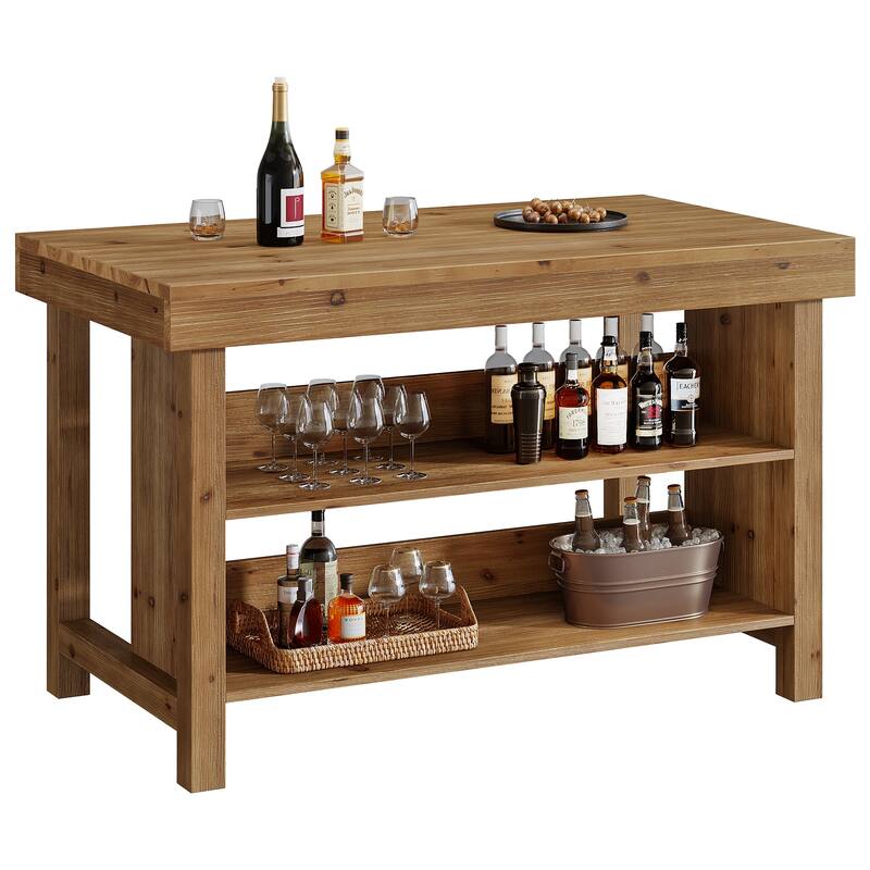 Solid Wood 55-Inch Bar Table, 3-Tier Farmhouse Home Bar Unit
