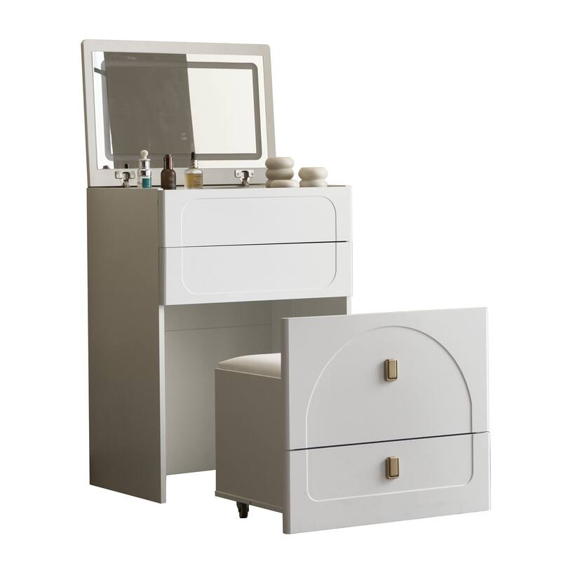 3-in-1 Flip Top Vanity Desk with Mirror - Small Makeup Table with 3 Drawers, Cushioned Stool & Power Outlet