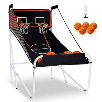 Black-White Steel Dual Hoop Basketball Arcade Game with 8 Games Modes and Foldable Frame - 80” L x 54” W x 81” H