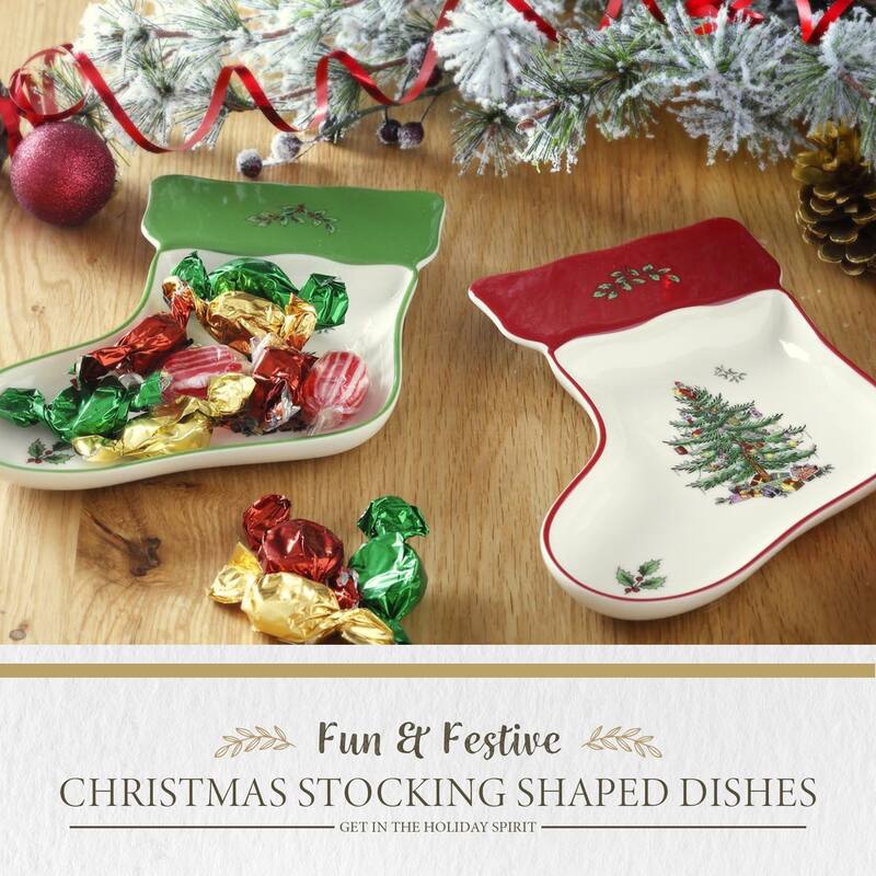 Spode Set of 2 Christmas Tree Stocking Dishes - 7" L x 5.5" W