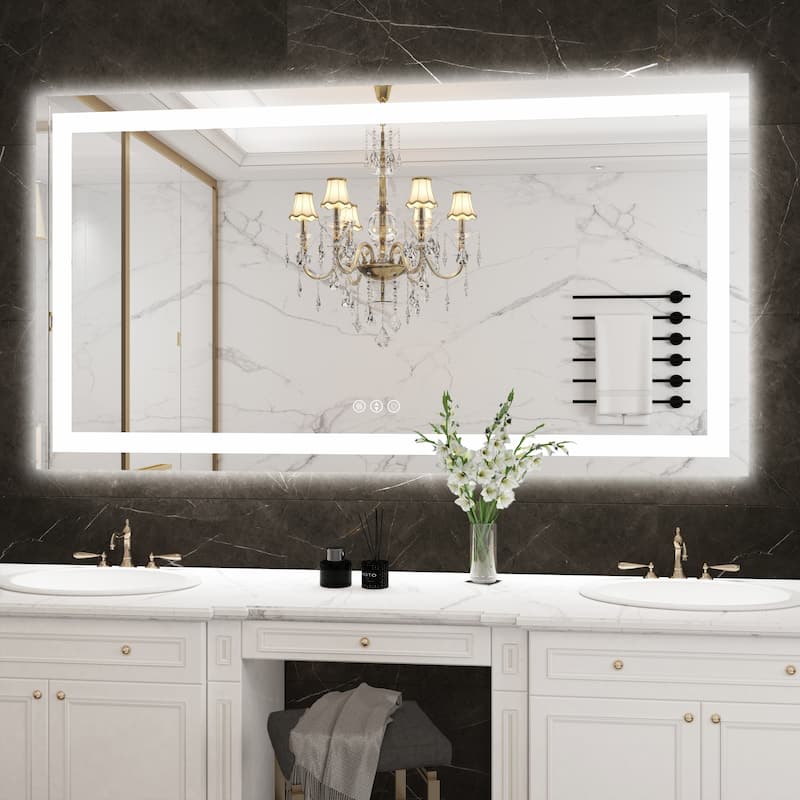 55 in. W x 30 in. H Large Rectangular Frameless Anti-Fog LED Light Wall Mounted Bathroom Vanity Mirror in White