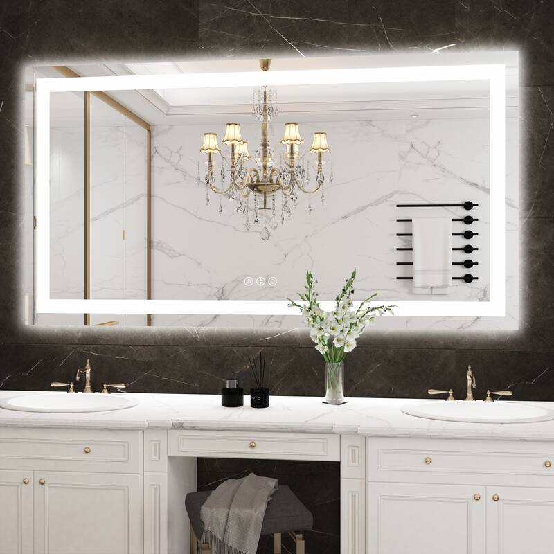 Large Rectangular Frameless Anti-Fog LED Light Wall Mounted Bathroom Vanity Mirror in White - N/A - 55" * 30"