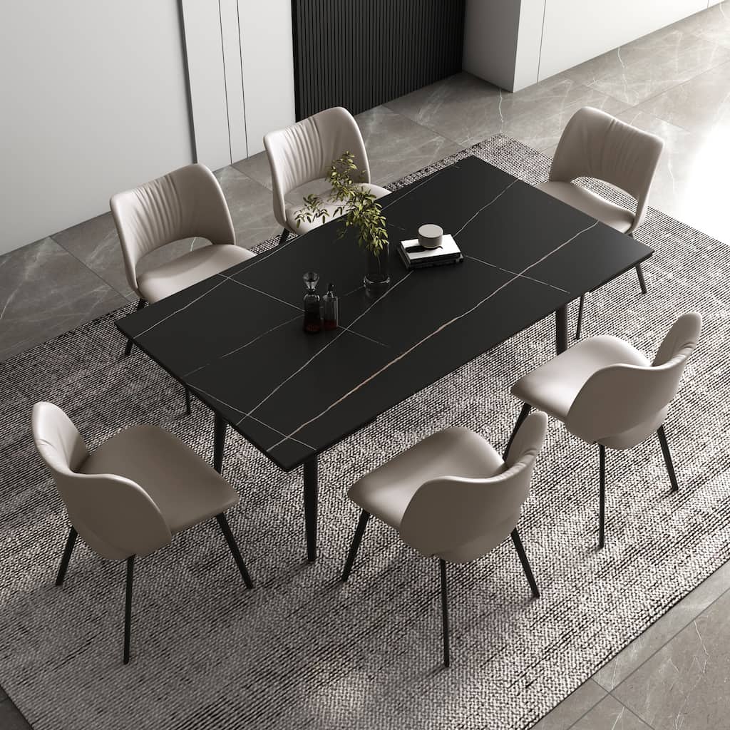 7 Piece 62.9 inch to 94.4 inch Extendable Dining Table Set with Sintered Stone Top 6 Chairs