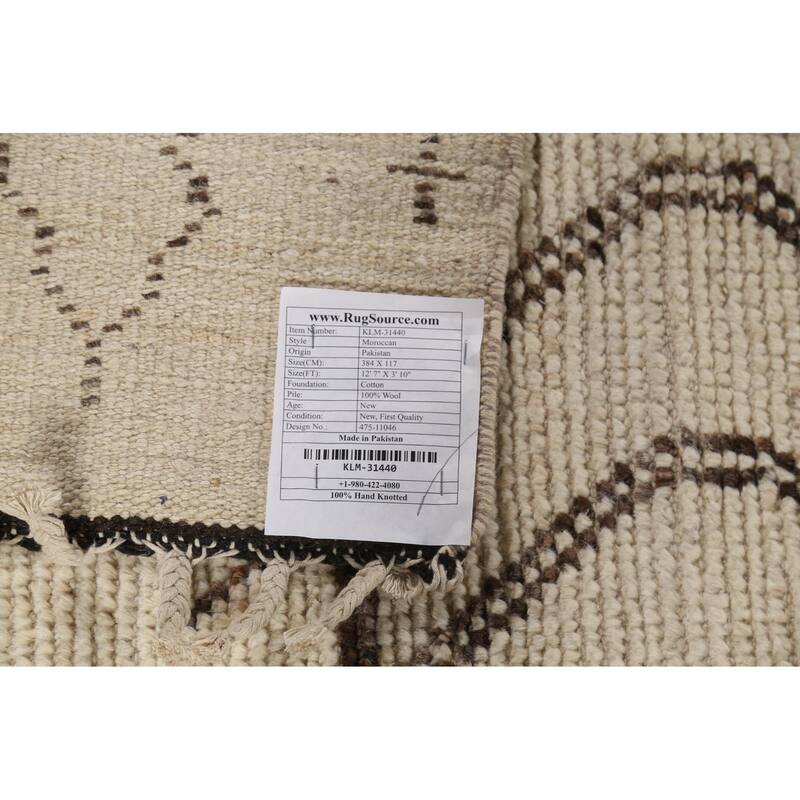 Ivory Moroccan Runner Rug Handmade Wool Carpet - 3'10"x 12'7"